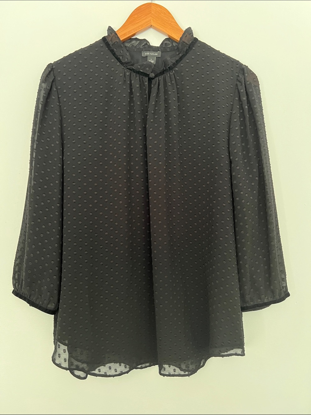 Ann Taylor Black Swiss Dot Ruffle-Neck Blouse